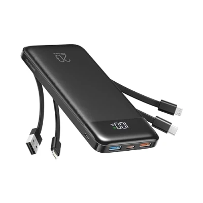 Afbeelding van Charmast Power Bank 20.000 mAh, draagbare oplader met snel opladen geïntegreerde kabels, 5 uitgangen en 4 ingangen voor iPhone 14 13 12 11 Samsung S21 S22