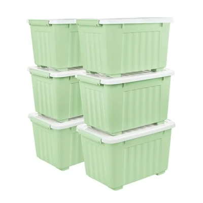 Afbeelding van Cetomo 35L x 6 opbergdozen met wielen, plastic opbergdoos deksel, vergrendelingsgespen, kliksluiting, stapelbaar, nesten, duurzame organizer voor thuiskantoorkleding, groen, stuks