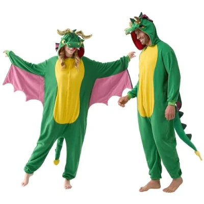 Afbeelding van Spooktacular Creations Uniseks pyjama van pluche voor volwassenen, eendelig drakendier kostuum, Groen, XL