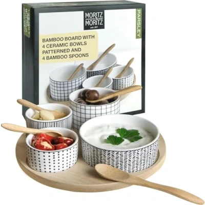 Afbeelding van Moritz &amp; Parsley Serveerset, 9 delig, voor tapas snacks, voorgerechten, dips, keramische schalen, serveerdienblad, lepel, bamboe