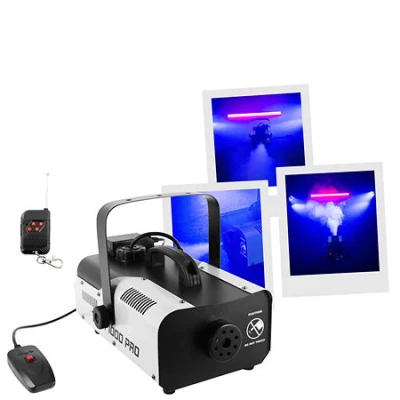 Afbeelding van BoomToneDJ F1000 Pro Draagbare rookmachine, 1000 W, hoog debiet 150 m3/min, tank 1,2 l, rookprojectie tot 7 m, levering met 2 afstandsbedieningen, bevestigingslier, avond, club, podium, theater.