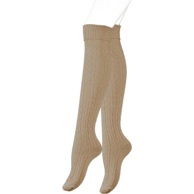 Afbeelding van Yenita Dames Kniekousen Kabelpatroon Beige One Size 1 paar