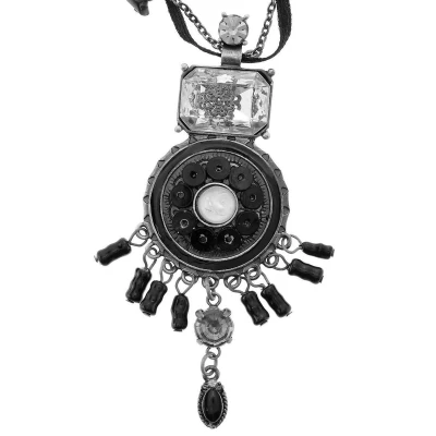 Afbeelding van Behave Antiek zilverkleurige ketting met zwart lint en rode ronde fantasie hanger