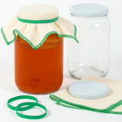 Afbeelding van myFERMENTS Grote Glazen Potten met Deksels 2 l Makkelijk om te Reinigen, Luchtdichte Verpakking Brede Opening, 50x50cm Mousseline Doekjes &amp; Elastiekjes Kombucha, Kefir, Fermentatie, Inleggen in Zuur, Conserven, Set van