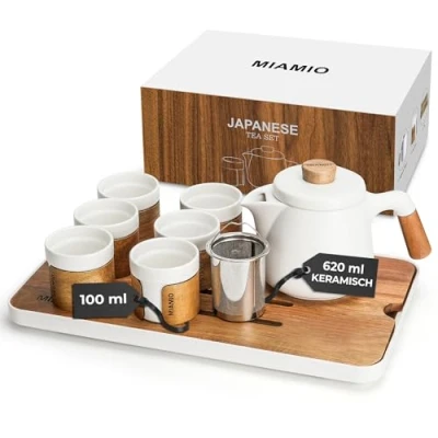 Afbeelding van MIAMIO Japans/Chinese theeservies 6 x 100 ml/Aziatische theepot 620 ml met thee ei traditionele Japanse theekopjes set voor theeliefhebbers / mannen vrouwen (wit)