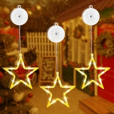 Afbeelding van Aourow 3 stuks led sterren, kerstverlichting, kerstdecoratie, raam, werkt op batterijen, met dubbelzijdig plakband, 2 modi, warm wit, kerstster voor binnen, Kerstmis, feest, bruiloft