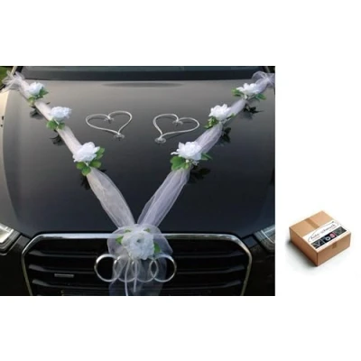 Afbeelding van ORGANZA M + harten bruidspaar, rozen, decoratie, autoversiering, bruiloft, auto, bruiloftsdecoratie, ratan, slinger, ®Auto schmuck PKW (zuiver wit/wit)