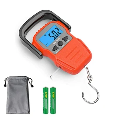 Afbeelding van aokuy Digitale Fischwaage, Gepäckwaage, Gewicht Hänge Hakenwaage, 50 kg, LCD Display mit Hintergrundbeleuchtung, wasserdichte Tasche (Batterien im Lieferumfang enthalten) (Orange)
