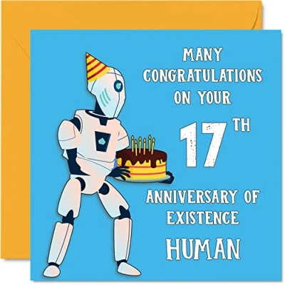 Afbeelding van Grappige 17e verjaardagskaarten voor jongens en meisjes Robot Droid Gelukkige verjaardagskaart zoon dochter broer zus kleinzoon kleindochter nichtje neef neef, 145 mm x grap humor