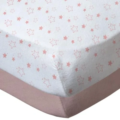 Afbeelding van BabyCalin Set van 2 hoeslakens, 70 x 140 17 cm, roze ster/eenkleurig, Öko Tex gecertificeerd