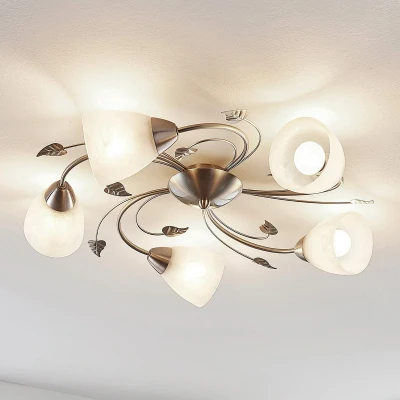 Afbeelding van Lindby plafondlamp 5 lichts metaal, glas H: 15 cm E14 nikkel, wit