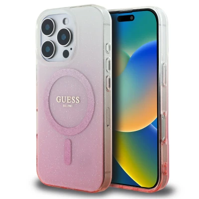 Afbeelding van Guess Hoesje Geschikt voor iPhone 16 Pro Max MagSafe IML Case Glitter Gradient roze