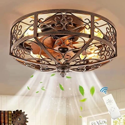 Afbeelding van Retro plafondventilator met verlichting en afstandsbediening E27 Stille ventilator plafondlamp Industriële slaapkamer lamp Vintage ijzeren kooi fan voor woonkamer eetkamer keuken licht
