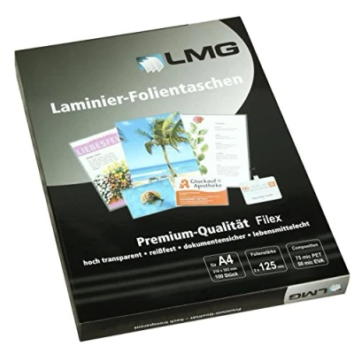Afbeelding van LMG LMGA4 125L lamineerfolie A4, 228 x 303 mm, 2 125 mic voor het vastzetten met 4 vakgaten, 100 stuks