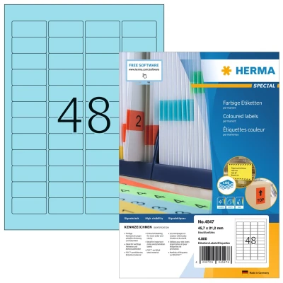 Afbeelding van HERMA 4547 Gekleurde etiketten A4 (45,7 x 21,2 mm, 100 velles, papier, mat) zelfklevend, bedrukbaar, permanent Kleurige etiketten, 4.800 voor printer, blauw