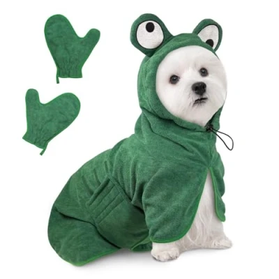 Afbeelding van hondenbadjas, microvezel, zachte huisdierhanddoek, om je hond te drogen na het zwemmen en baden (groene kikker, S)