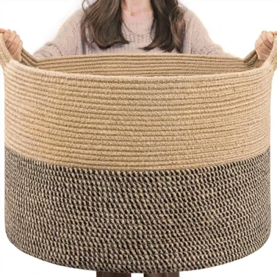 Afbeelding van TIMEYARD opbergmand, kinderopbergmand, wasmand, kinderkamer, grote kerstboommand, mand voor dekens, babyspeelgoed, geweven mand, 55x35cm, zwart &amp; jute