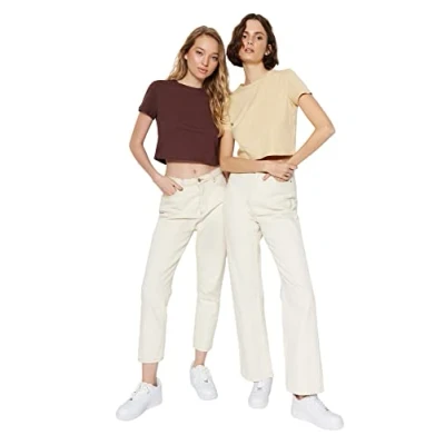 Afbeelding van Trendyol Beige Bruin 100% Katoenen 2 Pack Cropped Ronde Hals Gebreid T Shirt Twoss20Ts1480