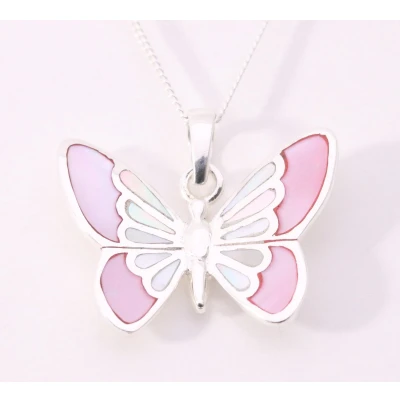 Afbeelding van Zilveren vlinder hanger met roze en witte parelmoer aan ketting