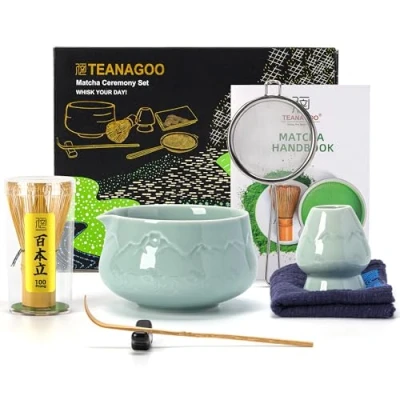 Afbeelding van TEANAGOO Japanse Matcha Whisk (7st) Set Mtacha Kit Kom met Schenktuit Bamboe (chasen) Schep (chashaku) Houder.N36, Celadon Blauw...