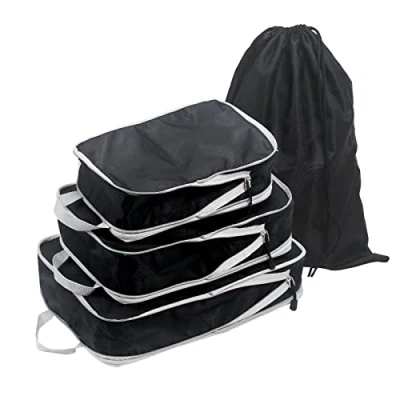 Afbeelding van KULIVING Paktassen voor Koffer &amp; rugzak in Set van 4, Organiser Reizen Compressiezakken Verpakkingsblokjes Compressie door Dubbele Rits Verpakkingsblokjes, Nylon, Zwart