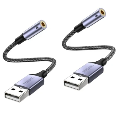 Afbeelding van MOSWAG USB naar Audio Jack Adapter (2 stuks), 3,5 mm Stereo Aux Converter Externe Geluidskaart Compatibel met Hoofdtelefoon, PC, Laptop, Linux, Desktop, PS4