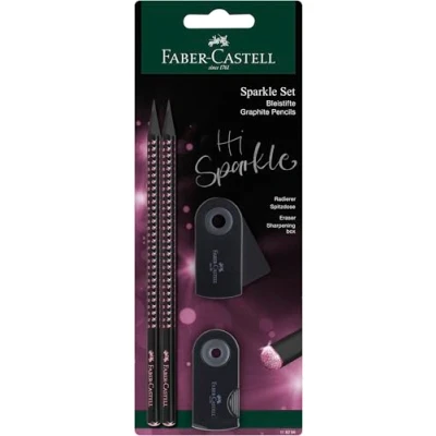 Afbeelding van Faber Castell potlodenset Grip Sparkle Midnight 4 delig op blister 2x grafietpotlood + gum puntenslijper Rose FC 118296