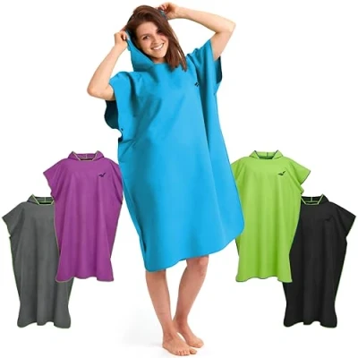 Afbeelding van Surf poncho voor dames &amp; heren, licht en compact, omkleed handdoek op het strand, sneldrogende microvezel zwemponcho, bij surfen, zwemmen, duiken, kamperen (Maat L Lichtblauw)