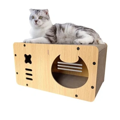 Afbeelding van Heikoeco® Kattenmand met krabplank, XXL kattenhuis voor binnen van karton, krabpad lounge, duurzaam kattenspeelgoed, 55 x 29 28 cm (klein monster)