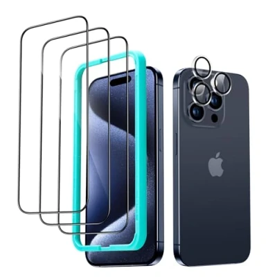 Afbeelding van ESR voor iPhone 15 Pro screen Protector Set, 3 gehard glas protectors en 1 set individuele lens beschermers, 2,5D gebogen randen, volledige dekking militaire kwaliteit bescherming,