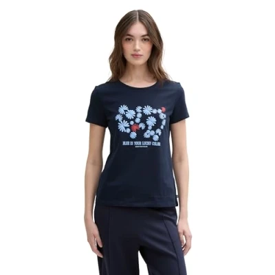 Afbeelding van TOM Tailor Denim Printed Tshirt print, Dames, Maat: Medium, Sky captain blue