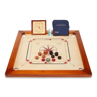 Afbeelding van Original Offizielles Carrom Brett Spiel Hergestellt in Indien Holz scheiben Kunststoff Striker 74x74 cm Spielbrett Komplett