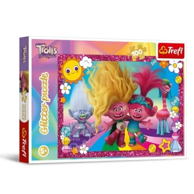 Afbeelding van Trefl Trolls Band Together, Glanzende trollen Glitterpuzzel met 100 stukjes puzzel pony&#039;s, Creatieve ontspanning, Plezier voor kinderen vanaf 5 jaar