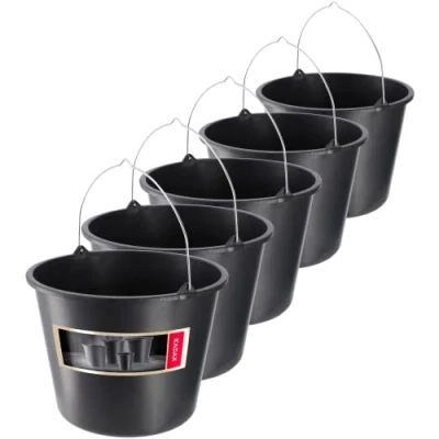 Afbeelding van Set van 5 bouwemmers kunststof, 12L mortelemmer voor bouwplaats, tuin, cementemmer stabiele emmer met handgreep, mortelbak, wateremmer gietrand, poetsemmer, zwart