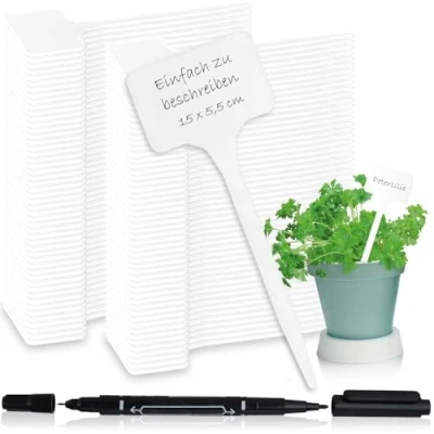 Afbeelding van COM FOUR® 100x plantenetiketten met tweepuntsmarker insteeketiketten 15 cm voor kamers, balkons, tuinen plantpluggen etikettering kweekpluggen bedden (100 stuks wit 15cm)