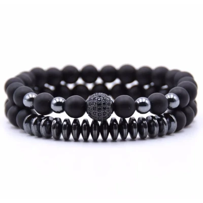 Afbeelding van natuursteen heren armband set zwart kralen elastische