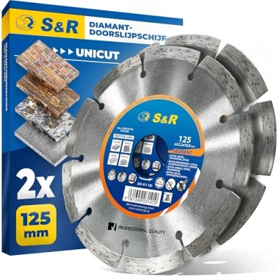 Afbeelding van S&amp;R Professionele diamantdoorslijpschijf, 125 x 22,23 mm, UNICUT, 2 delige set voor haakse slijper, het scheiden van beton, natuursteen, baksteen, metselwerk, droogsnede, 10 mm segmenthoogte,