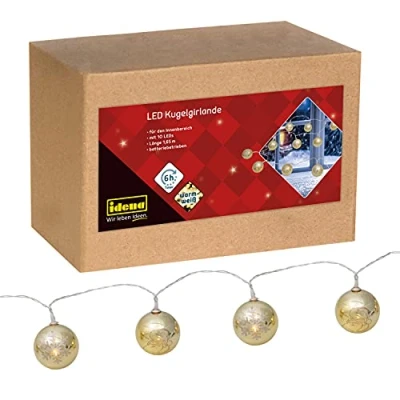 Afbeelding van Idena 31267 Led slinger met 10 leds in warmwit, lichtketting gouden kerstballen, 6 uur timerfunctie, werkt op batterijen, ca. 1,65 m lang, decoratie voor binnen, kerstdecoratie