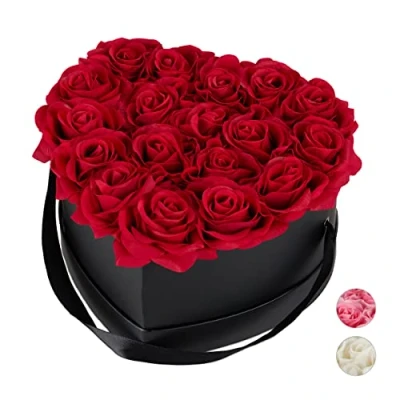Afbeelding van Relaxdays flowerbox hart, 18 rozen, zwarte rozenbox, bruiloft, Valentijnsdag, rozen in doos, decoratie, rood