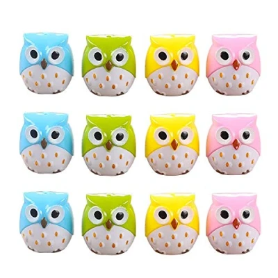 Afbeelding van Mignon Uil Potloodslijper, 12 delig, twee gaten, puntenslijper, kunststof, voor kinderen, schoolbenodigdheden, groen, roze, blauw, geel