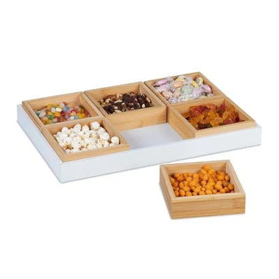 Afbeelding van Relaxdays serveerschaaltjes met dienblad bamboe borrelschaaltjes snackschaaltjes set