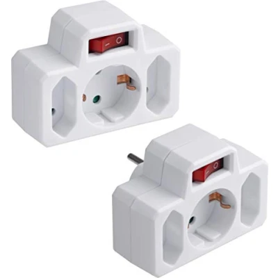 Afbeelding van Meister Tussenstekker 3 voudig 2 stuks in een set met Euro en Schuko sleuf verlichte schakelaar wit IP20 voor binnen stroombesparend gebruik/stekkeradapter/eurostekker / 7421230