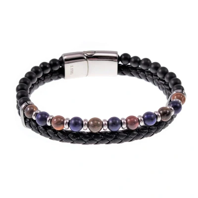 Afbeelding van Dubbele Multicolor Armband Heren Zwarte Leren RVS Natuursteen Kralen
