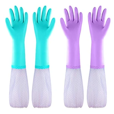Afbeelding van Eygood Latexvrije tafelhandschoenen, huishoudelijke handschoenen met lange mouwen en katoenen voering, keukenreinigingshandschoenen (1 verpakking van 2 paar blauw + paars) (medium)