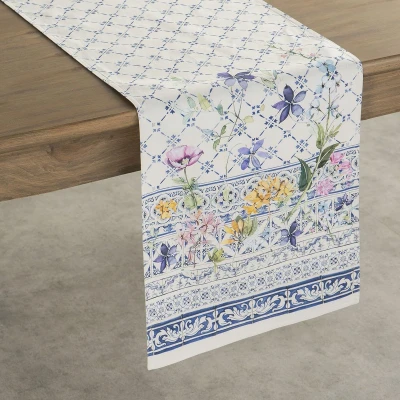 Afbeelding van 100% katoen, decoratieve paastafelloper, wasbare tafelloper voor thuis, restaurant, buffetfeest en camping, faïence lente/zomer (50 cm x 150 cm)