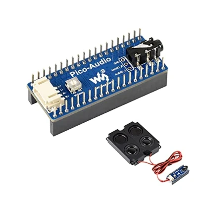 Afbeelding van audio uitbreidingsmodule voor Raspberry Pi Pico, bevat PCM5101A stereo decoder, 3,5 mm aansluiting, twee kanaals luidsprekerheader, I2S bus gebruiken, hoofdtelefoon/luidsprekeruitgang