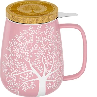Afbeelding van amapodo Theekopje in set met zeef en deksel, grote porseleinen theekop 600 ml, XXL, plasticvrij, roze