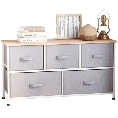 Afbeelding van HOMCOM Commode Opbergkast, 100 x 30 54 cm, 5 laden, vliesstof, grijs, structuur, staal, wit, licht hout