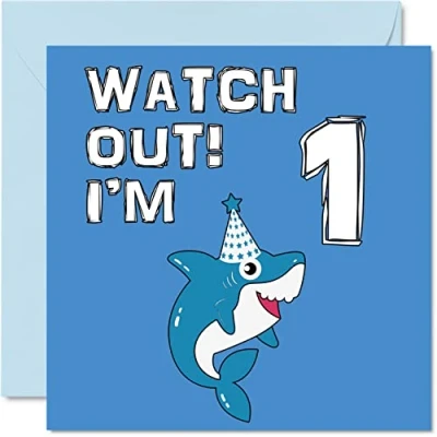 Afbeelding van 1e verjaardagskaart jongen haai kijk uit Happy Birthday Card 1 jaar oude jongen, jongenskaarten voor hem, 145 mm x wenskaart zoon broer kleinzoon neef god eerste verjaardag
