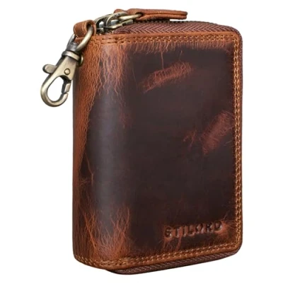 Afbeelding van STILORD &#039;Amell&#039; 2 in 1 Lederen Sleuteletui Mini Portemonnee en Kaart Etui Vintage Sleutel Tas met Geschenkverpakking Echt leder, Kleur:kara cognac